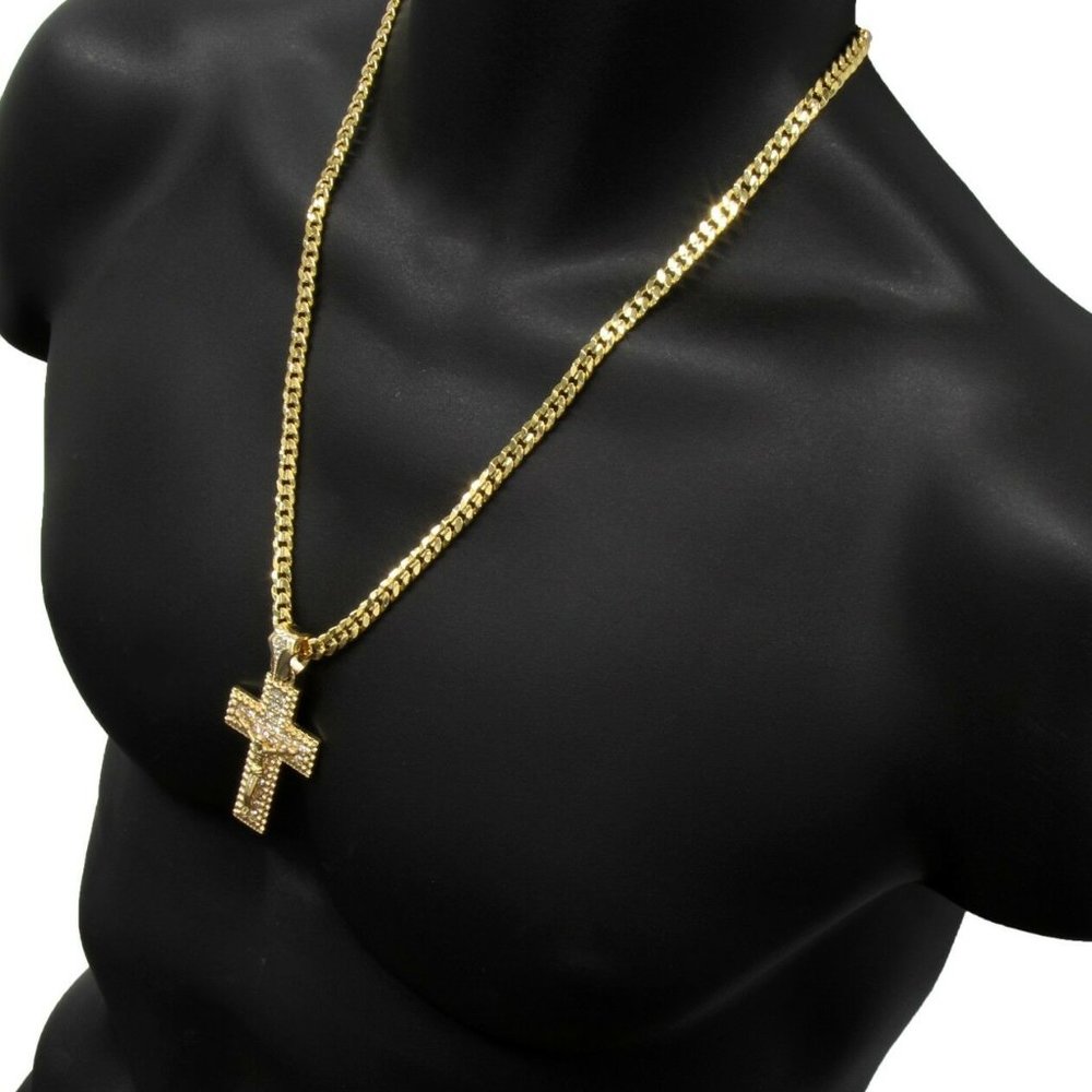 Iced Out 14k Gold Jesus Cross Pendant 24"!!